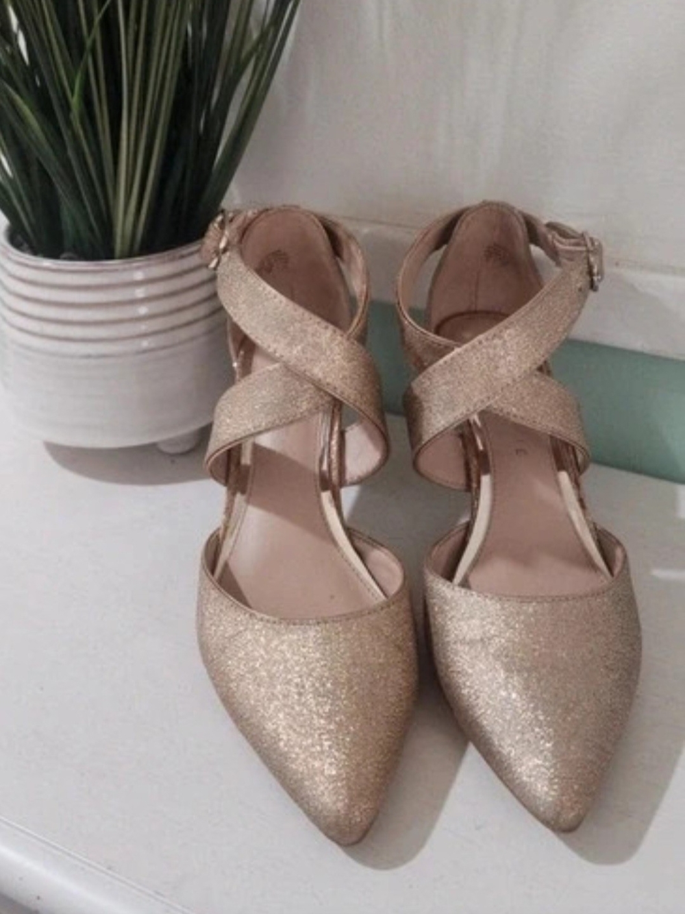 Kelly & Katie Rose Gold Glitter Pointed-Toe Ankle Strap Heels